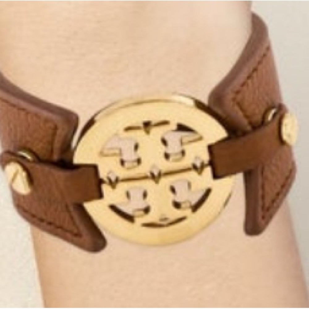 Tory Burch Wide Leather and Gold Emblem Double-Snap Cuff Bracelet - Picture 3 of 12